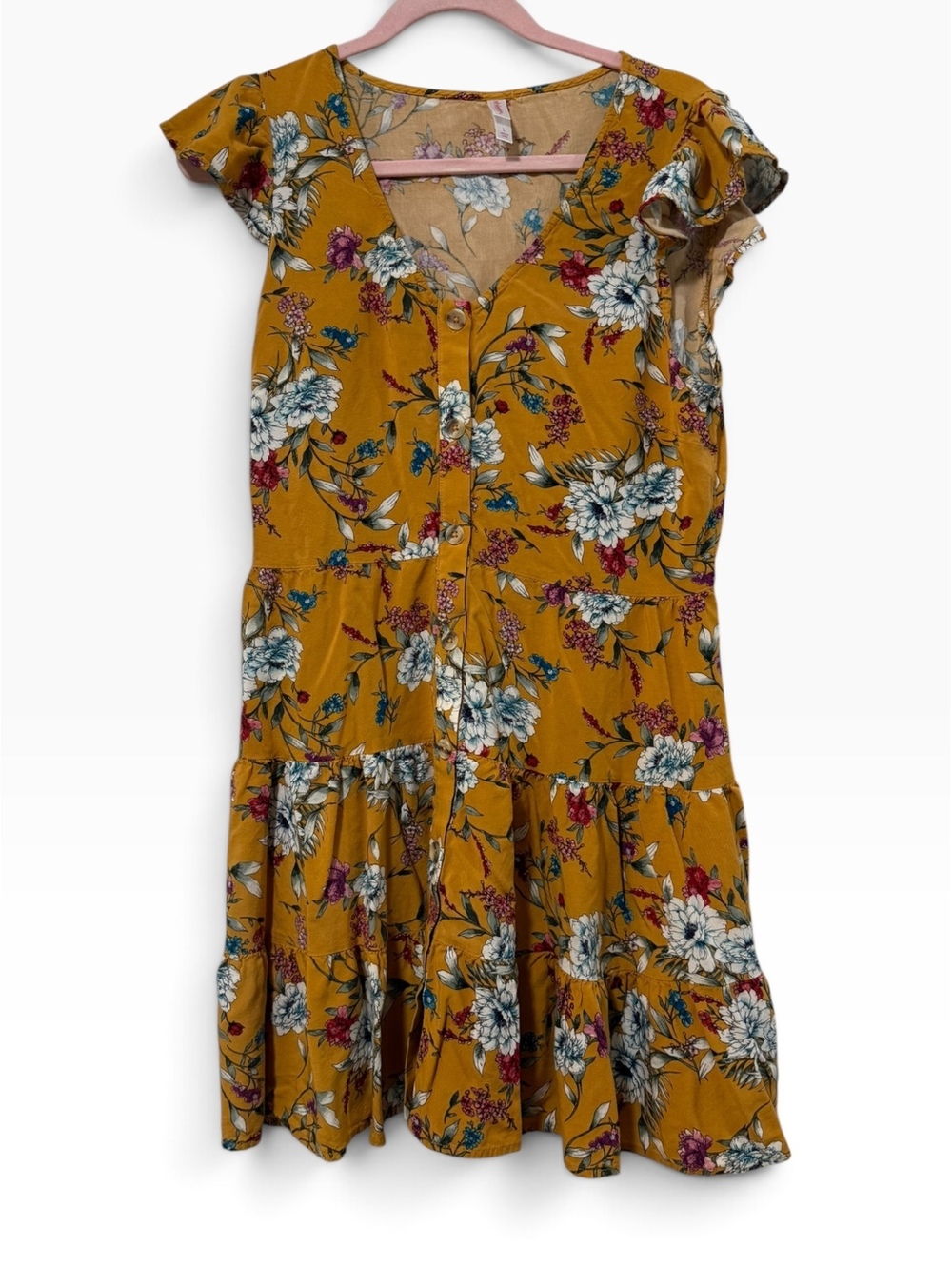 Xhilaration Mustard Yellow Floral Rayon Dress Size Large